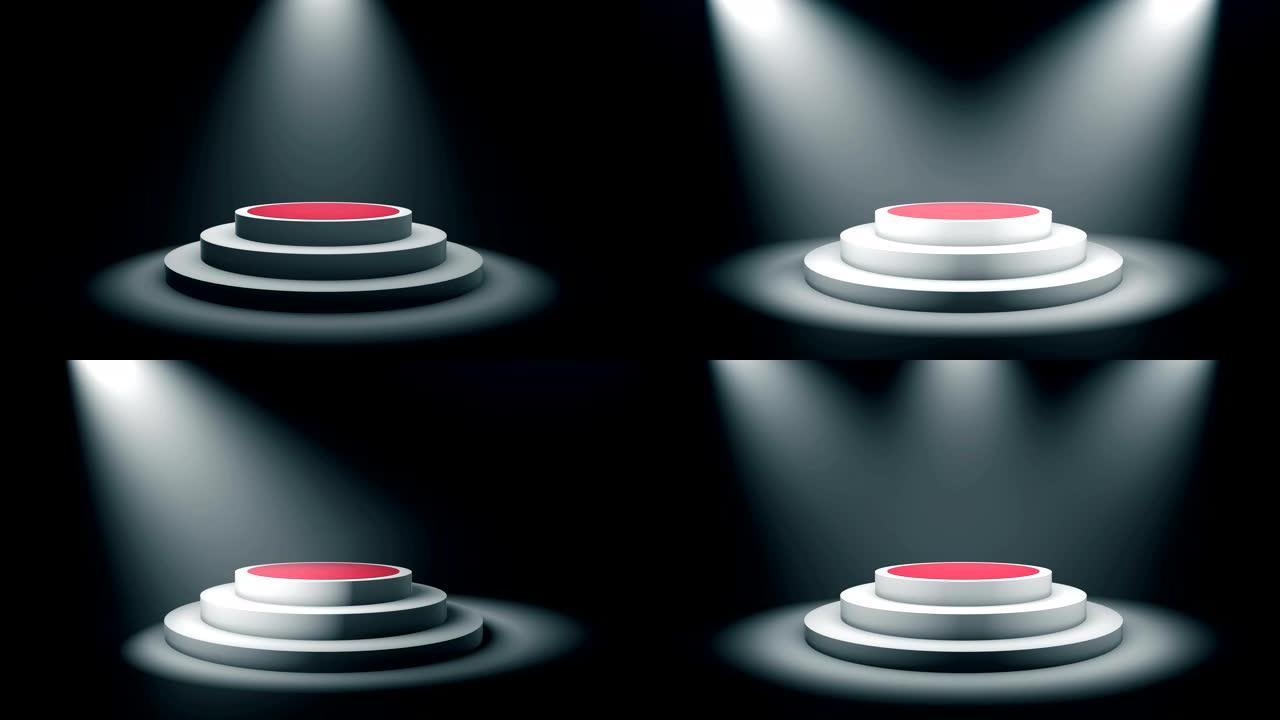 空的圆形讲台，基座或带有红地毯的平台，由音量聚光灯照亮。黑色背景上的一组明亮的探照灯。数字3d动画。