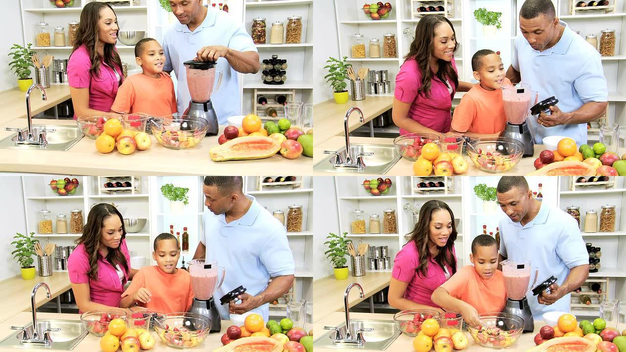 非裔美国人家庭搅拌机新鲜水果饮料