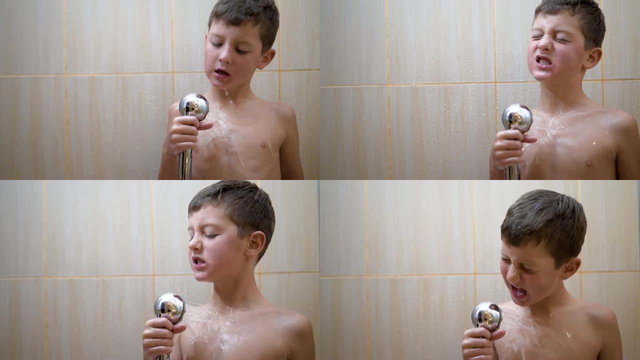 年轻英俊的男孩洗澡。那家伙洗澡，唱歌，跳舞
