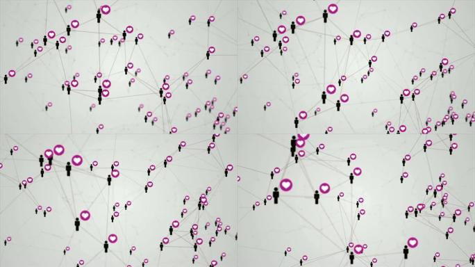 社交网络人与爱的连接图标结构运动图形粉色白色背景。抽象未来数字技术动画概念。