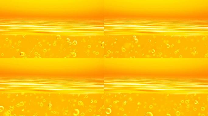 带有氧气气泡的橙黄色液体。橙黄色的波浪和天空。这可用于广告和项目，娱乐，阳光，燃料，油，蜂蜜，啤酒，