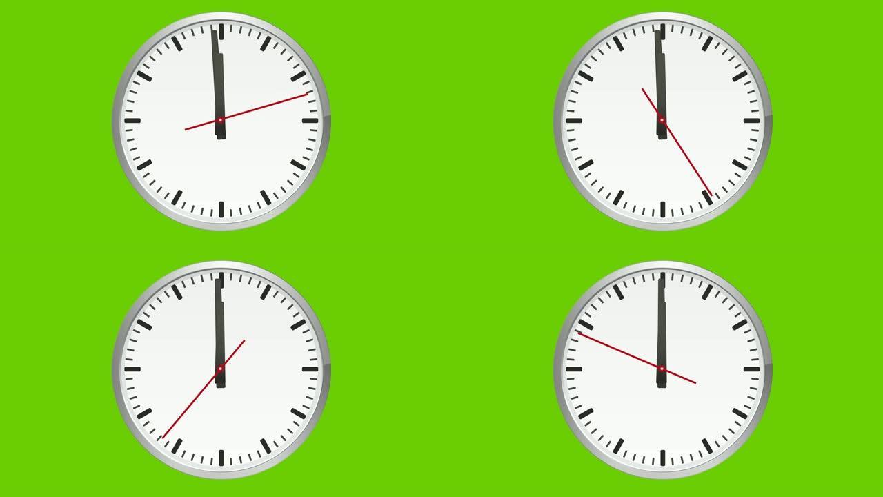绿屏上的模拟时钟，一分钟到十二小时。秒针移动正好一分钟
