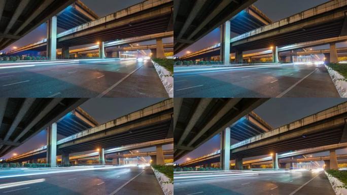 立交桥下的夜间交通，延时视频