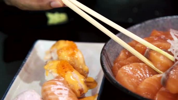 日本健康食品白碗三文鱼特写。特写镜头。