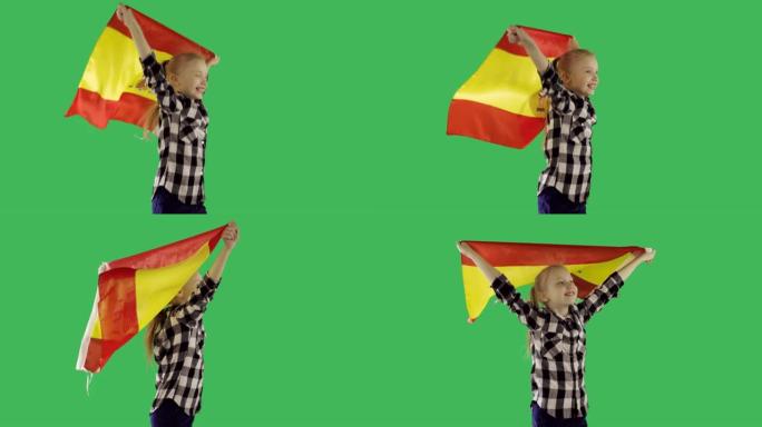 快乐的女孩跑在彩色键绿色屏幕上的西班牙国旗。