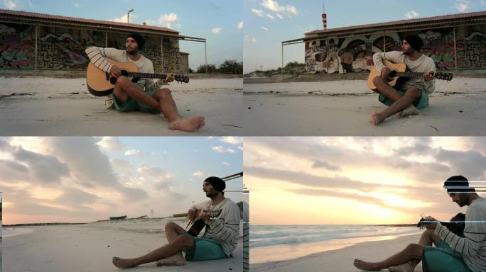 夏天日出或日落时，在海洋海滩海边弹吉他的年轻漂亮男人周围漫步 -- 万向节steadicam高清视频
