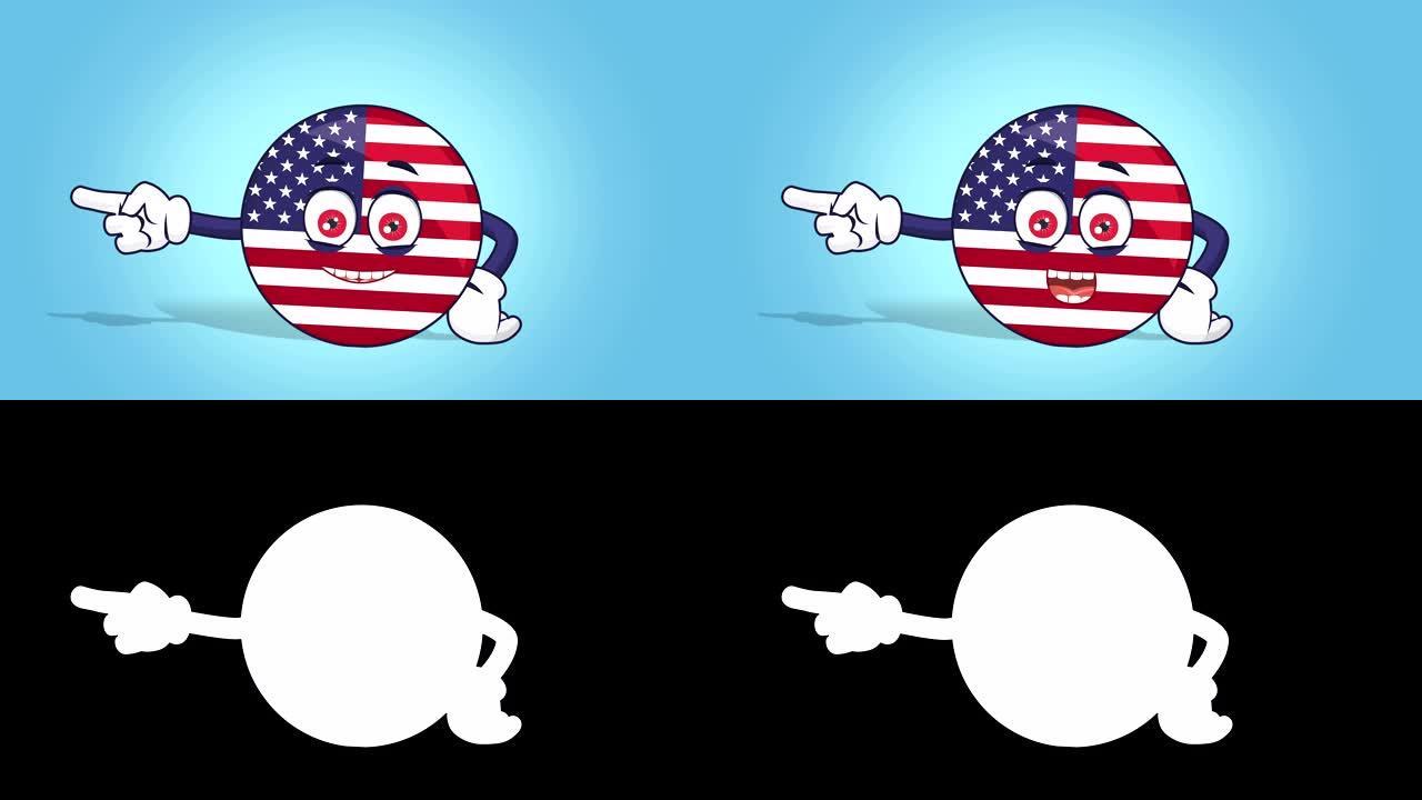 卡通美国图标国旗美国快乐的左指针与脸部动画