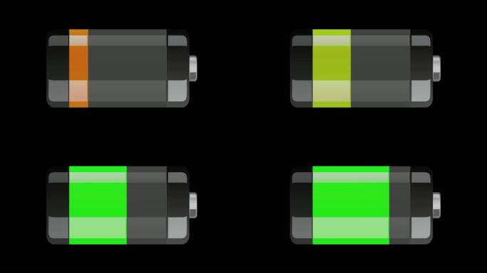 电池水平放置，正在充电。4K黑色背景前颜色变化的充电过程显示