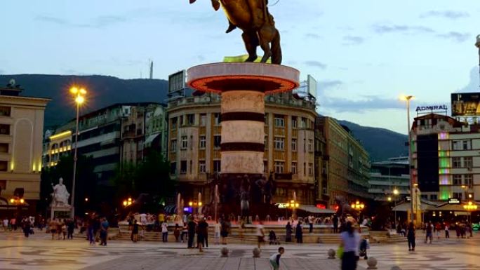 斯科普里马其顿广场的时间流逝
