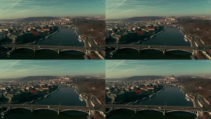 布拉格无人机在大桥附近的伏尔塔瓦河上空飞行