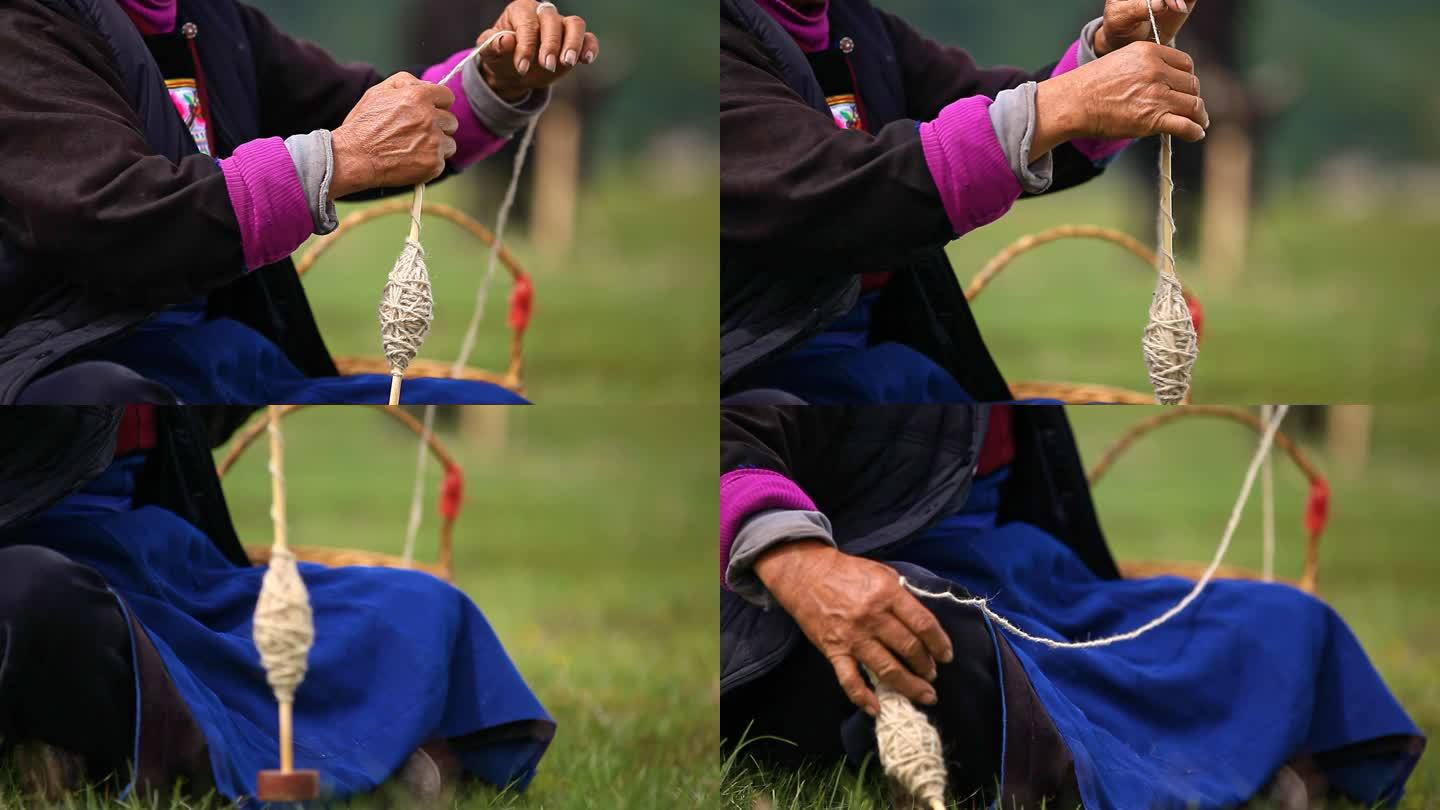 藏族妇女纺线织布劳作手工生活