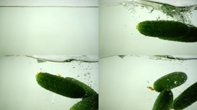 黄瓜掉进水里。慢动作。