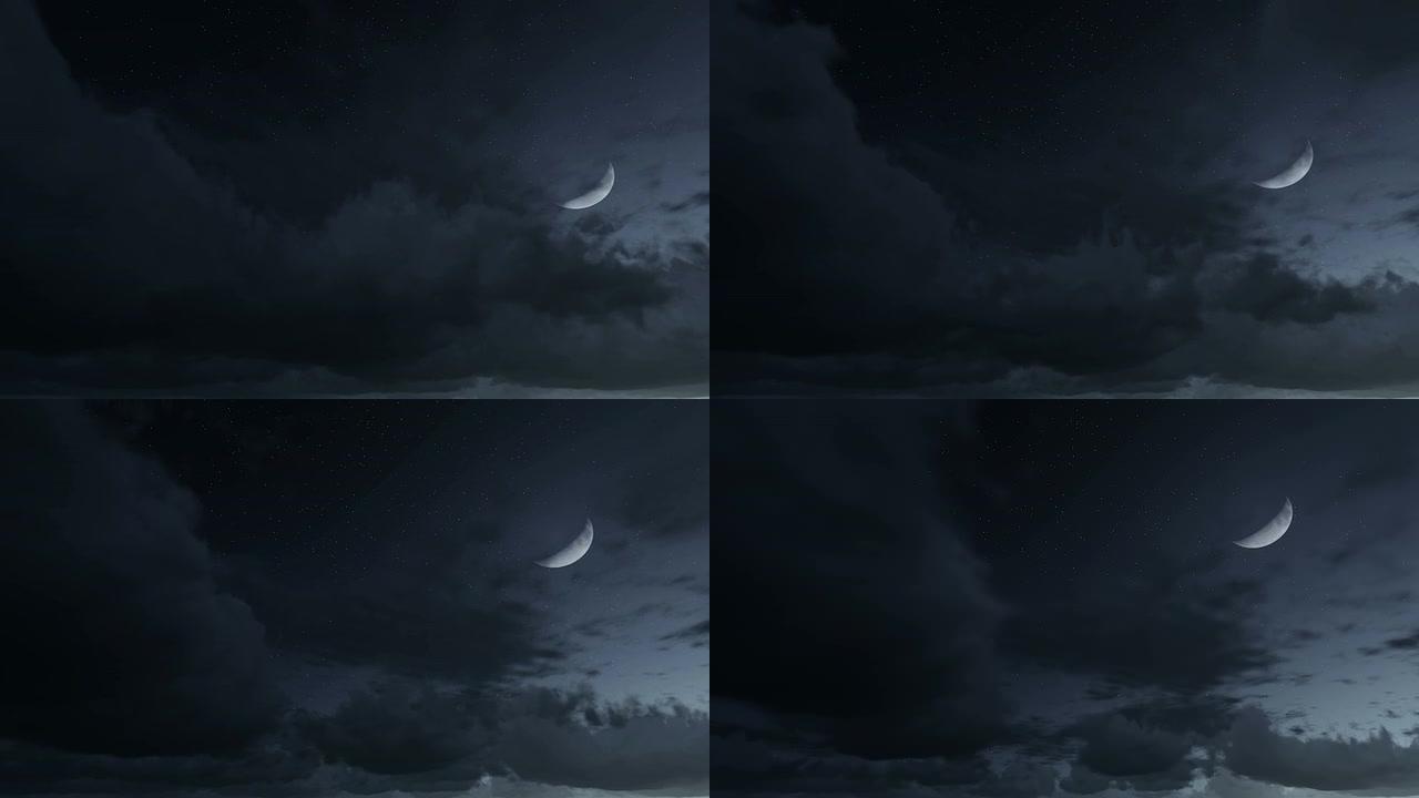 半个月亮在云层中升起