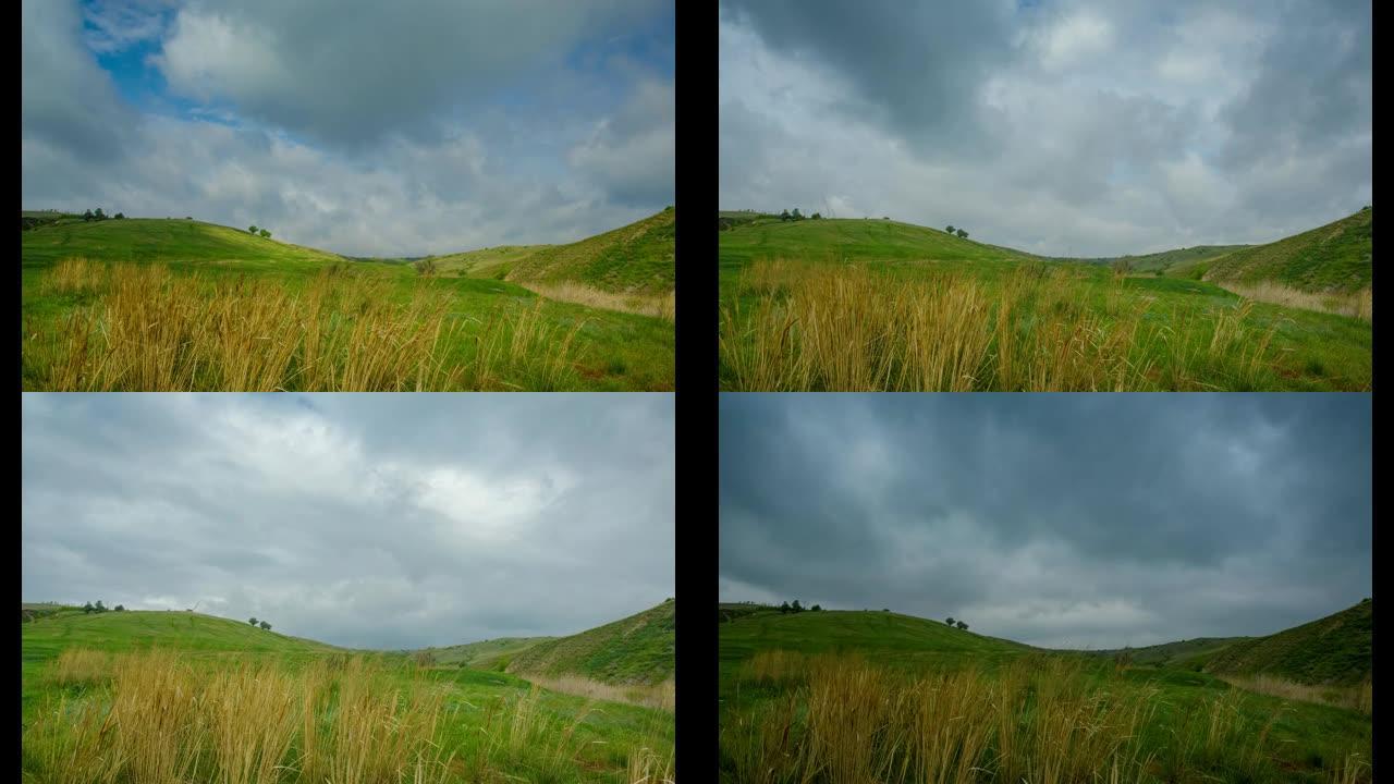 4k时间在群山之间迅速飞舞。夏天雷雨锋面隐约可见。在前面，干草迅速地