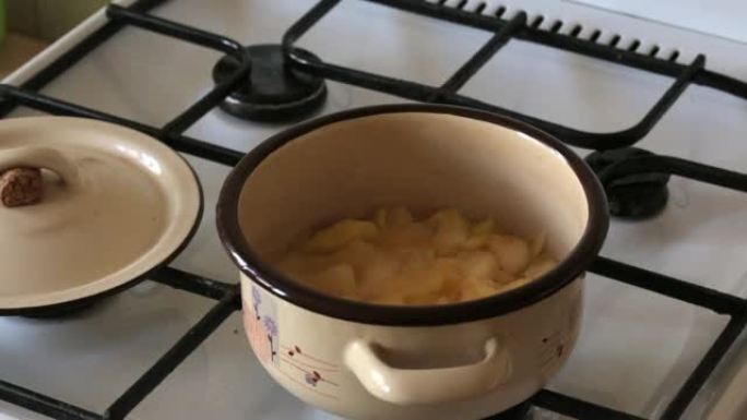 苹果在平底锅中煮熟以获得苹果酱。