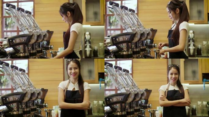 年轻微笑的亚洲女性咖啡师或女性咖啡老板使用咖啡机，在咖啡店咖啡馆寻找相机