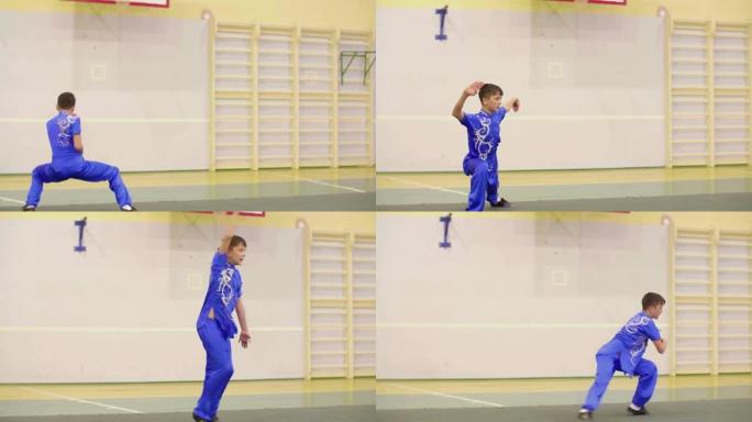 十几岁的男孩训练武术锻炼长拳。