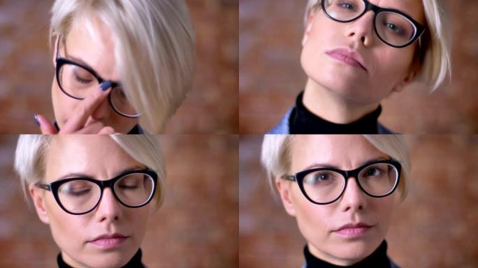 眼镜中的b短切女人的特写肖像调整头发，在砖墙背景上冷静地看着相机。