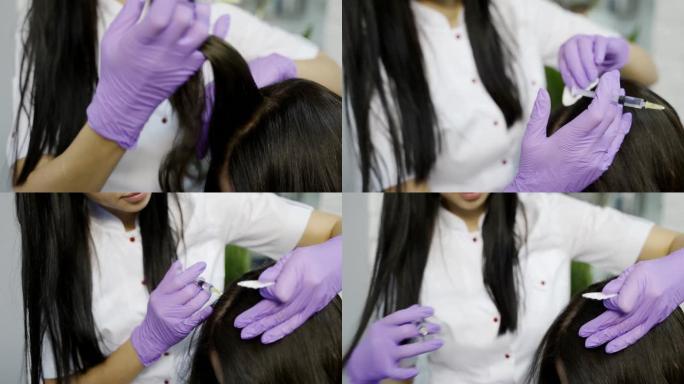 一位经验丰富的美容师使用海绵消毒头部皮肤，并开始在美容中心进行中胚层疗法。