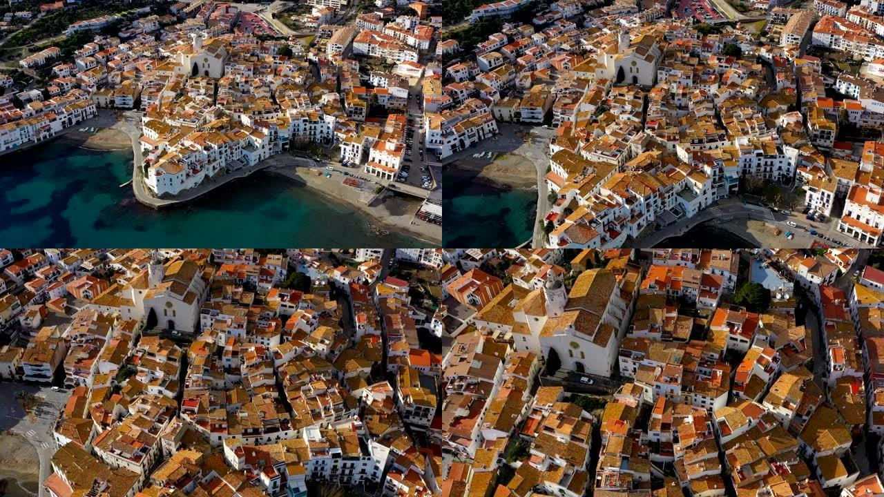 海边神奇的西班牙小镇。蓬塔德萨科斯塔。录像。空中无人机摄像机远离海上海滩。山脉景观和城市景观