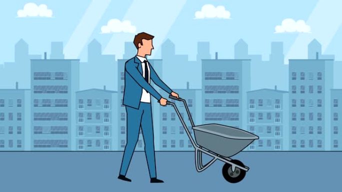 平面卡通商人角色与空工作车车轮手推车手推车动画