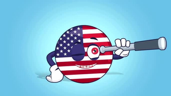 卡通美国标志美国国旗通过望远镜看脸动画