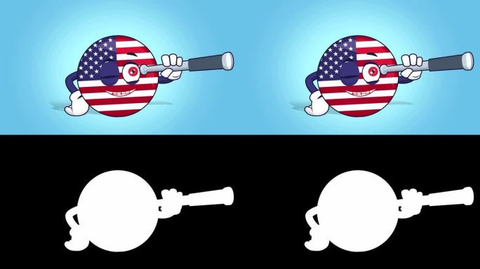 卡通美国标志美国国旗通过望远镜看脸动画