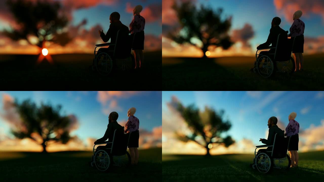 老年夫妇在绿色草地上享受日出，橡树，延时云彩，倾斜