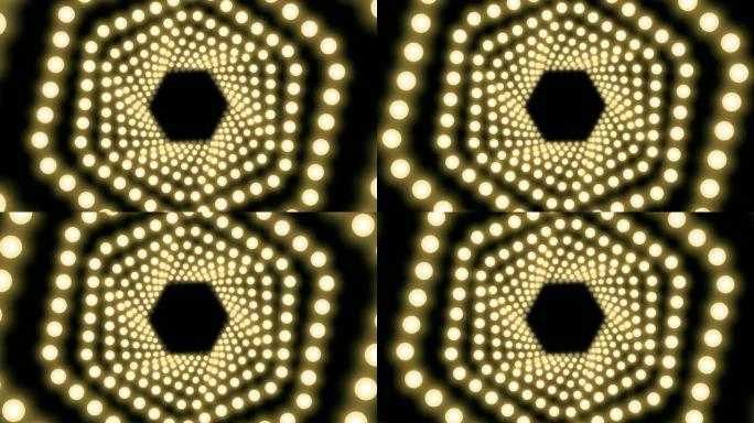 隧道白炽灯泡盒框六边形形状漩涡旋转移动图案，复古3D虚拟风格插图在黑暗背景中发光无缝循环动画4K，带