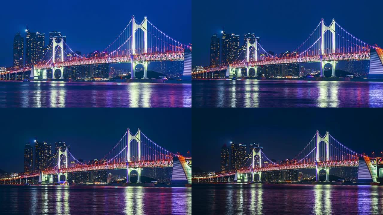 釜山城市景观。韩国釜山广安大桥的时间流逝