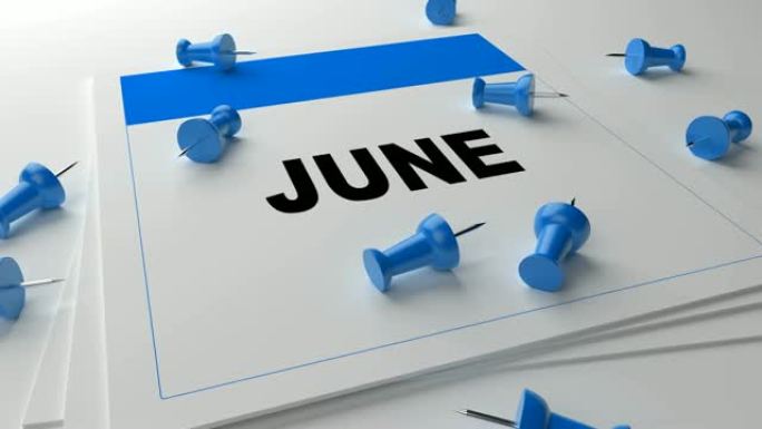 白色背景上的蓝色6月日历，蓝色别针