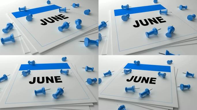 白色背景上的蓝色6月日历，蓝色别针