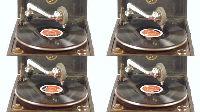 磁盘末端臂环处的老式Pathephone的俯视图