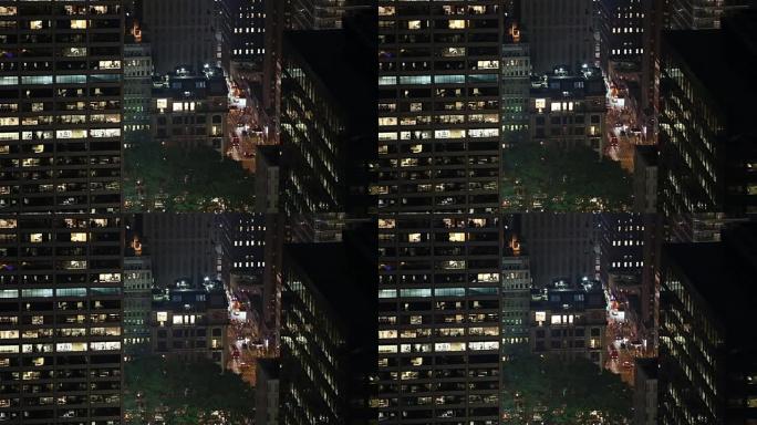纽约摩天大楼夜景航拍。在洛克菲勒中心录制的