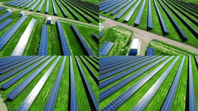 太阳能发电厂的鸟瞰图。太阳能电池板产生电能