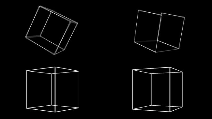 黑色背景上不同角度旋转的透明立方体