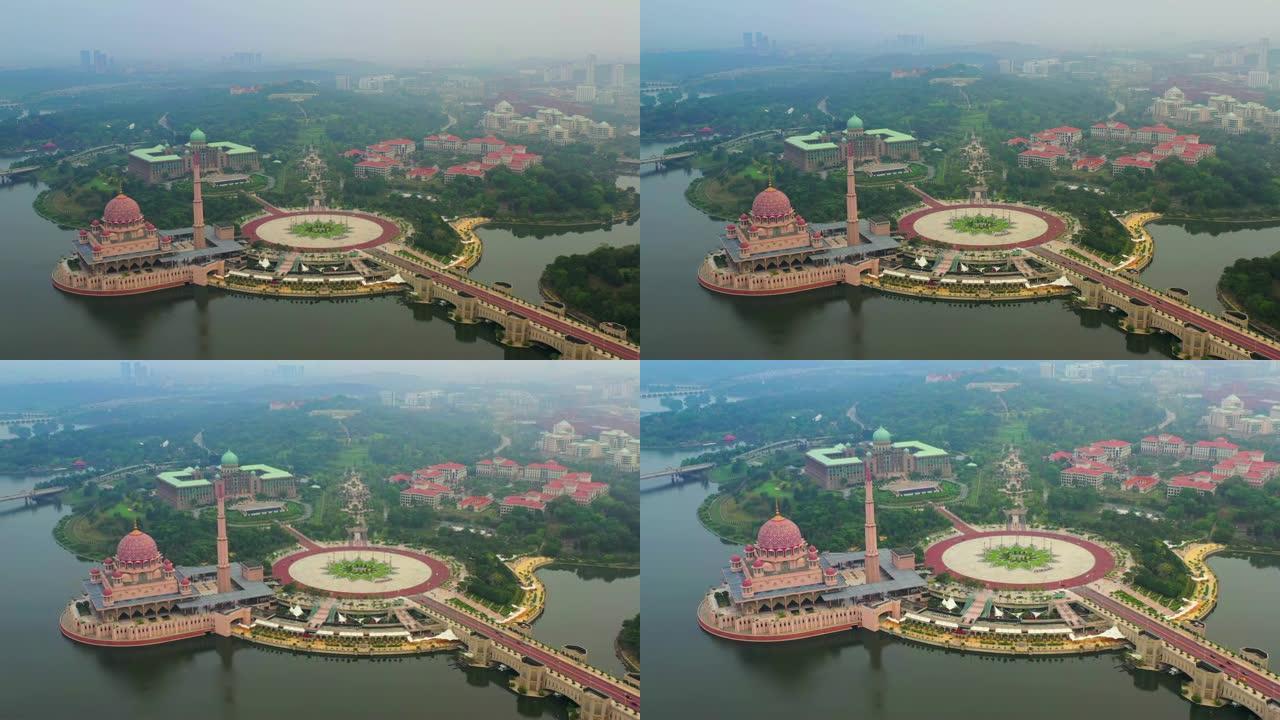 马来西亚吉隆坡布特拉清真寺4k空中电影视图，正式为联邦直辖区