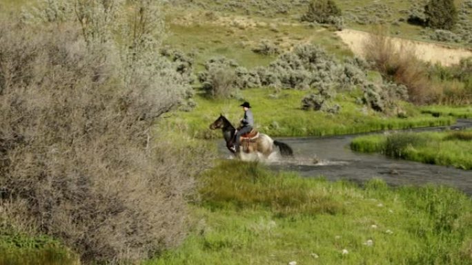 牛仔在马背上禁止溪流
