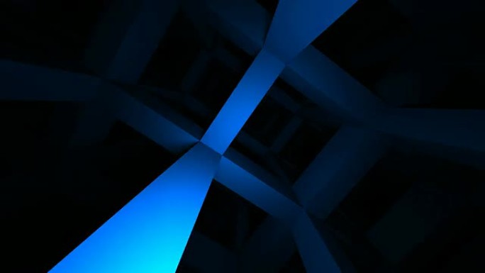 通过深蓝色抽象大梁施工的快速夜间飞行。3d渲染动画