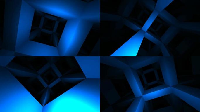 通过深蓝色抽象大梁施工的快速夜间飞行。3d渲染动画
