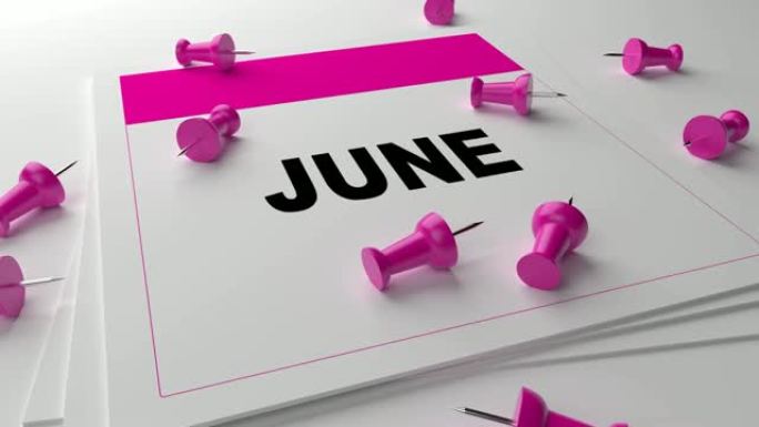 白色背景上的粉色6月日历，粉色别针