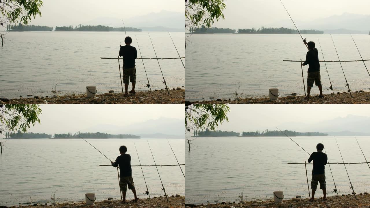 渔夫飞入湖中钓鱼