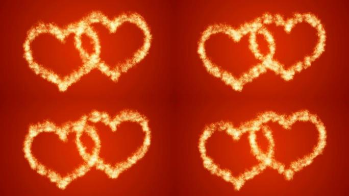 红色背景上的两颗燃烧的心。无缝循环。