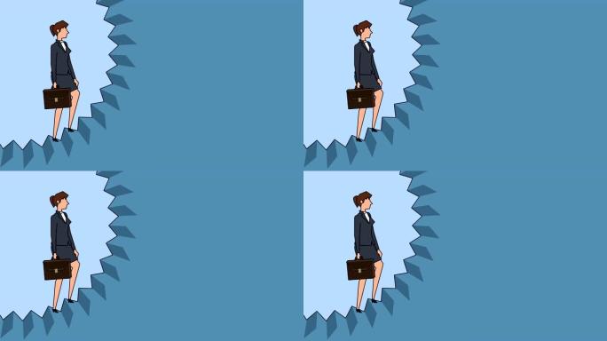 平面卡通女商人角色带箱包上升职业阶梯圈楼梯概念动画