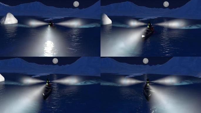 夜间在北冰洋战舰的3d动画，探照灯打开