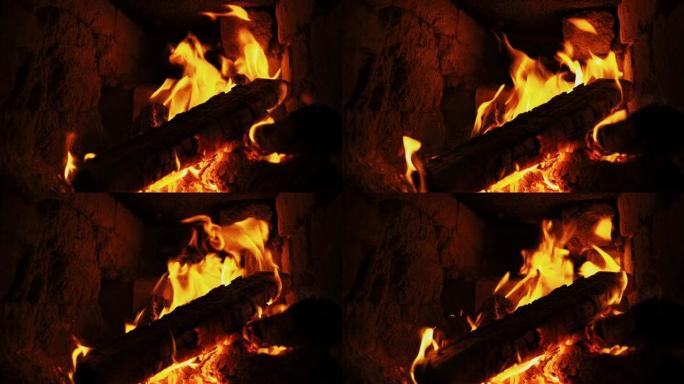 砖炉干柴上的热火。