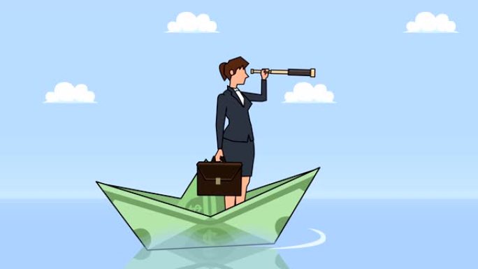 平面卡通女商人角色，带箱包，通过漂浮在美元纸船动画上的望远镜看起来