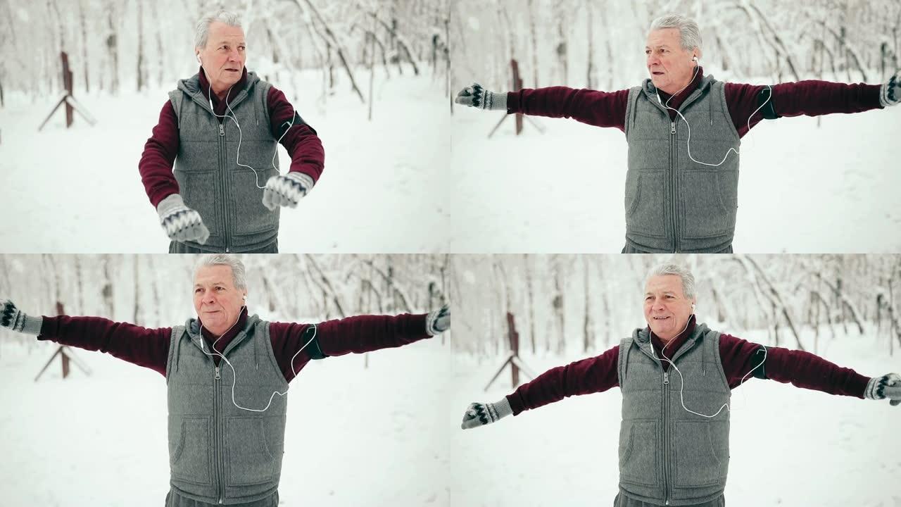 老人在雪地里慢跑