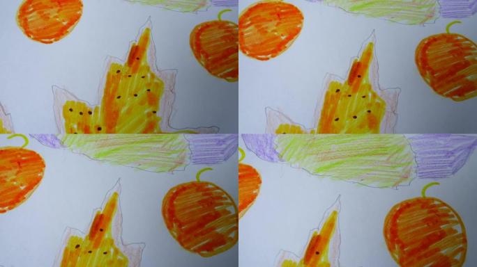 儿童画秋叶和水果。