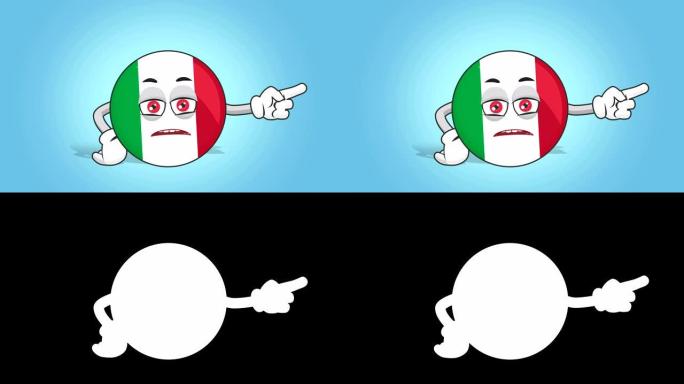 卡通图标旗意大利不快乐的右指针与阿尔法哑光动画
